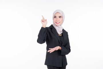 Half length portrait of an attractive Muslim businesswoman wearing hijab with mixed poses and gestures isolated on white background. For image cutout for corporate, technology, business or finance.