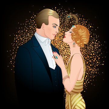 Beautiful couple in art deco style. Retro fashion, glamour man and woman of twenties. Vector illustration. Flapper 20s style. Vintage party or thematic wedding invitation design template.