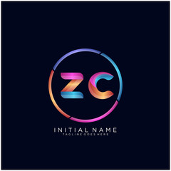 Initial letter ZC curve rounded logo, gradient vibrant colorful glossy colors on black background
