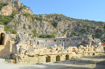 Fototapeta na wymiar Ancient architecture in Demre. Lycian necropolis with tomb carved in rocks in Mira