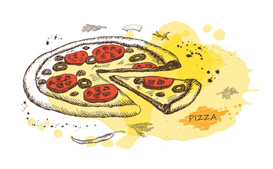 Hot Pizza on the background of watercolor stains. Vector.