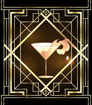 Little Party Never Killed Nobody. Female Hand Holding Cocktail Glass With Splash. Art Deco 1920s Style Vintage Invitation Template Design For Drink List, Bar Menu, Glamour Event, Thematic Wedding.