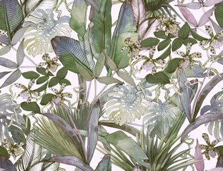 Küchenrückwand glas motiv Sammlungen Tropisches nahtloses Muster mit tropischen Blumen, Bananenblättern.