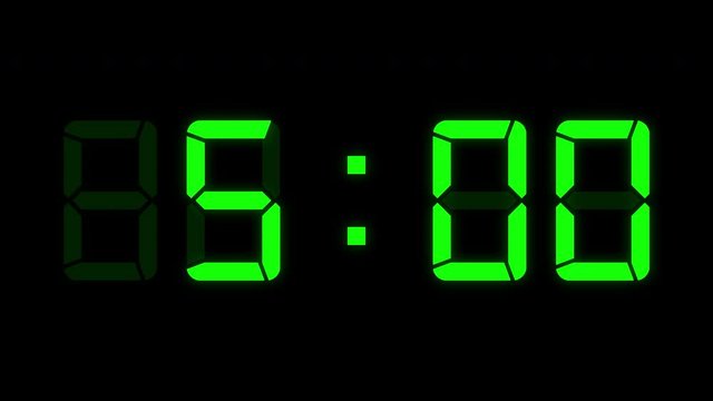 Loopable: Green LED digital clock displays the current time in 24-hours > format updating 1 minute per frame. Animated digits on black background.