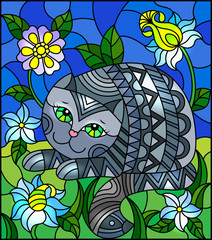 Illustration in stained glass style with a   cute grey cat on a background of meadows,  flowers and sky