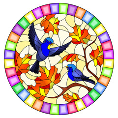Illustration in stained glass style on the theme of autumn, two birds in the sky and maple leaves