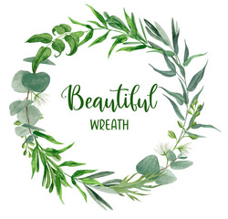 Botanical round wreath, watercolor hand drawn vector illustration