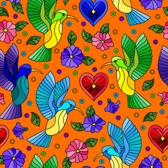 Seamless pattern with bright Hummingbird birds and flowers on an orange background