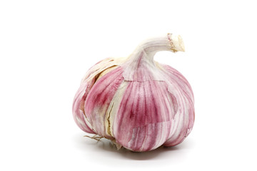 Dry red garlic bulb on a white background