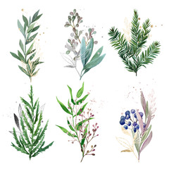 Watercolor greenery set decorated with foiled plants and spots