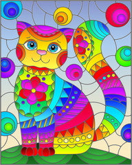 Illustration in stained glass style with abstract cute rainbow cat on a blue background
