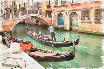 Gondolas and gondoliers. Imitation of a picture. Oil paint. Illustration © Pavel Parmenov