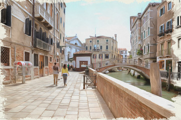 Fototapeta na wymiar Venice. Street along a channel. Imitation of a picture. Oil paint. Illustration