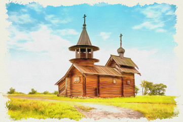 Kizhi. Old wooden church. Imitation of a picture. Oil paint. Illustration