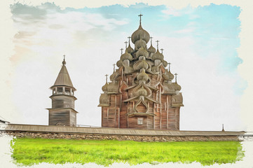 Obraz premium Kizhi. Ancient church of Transfiguration. Imitation of a picture. Oil paint. Illustration