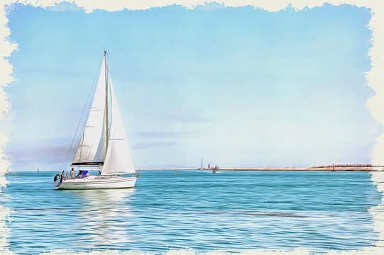 Yacht in the sea. Imitation of a picture. Oil paint. Illustration