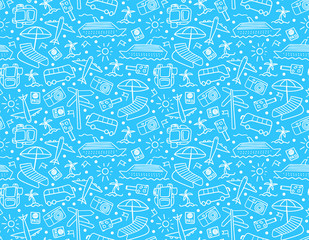 Travel backdrop with hand drawn white elements on blue background. Wanderlust doodle seamles pattern. Vector illustration.