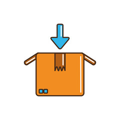 open cardboard box with down arrow cargo delivery line and fill