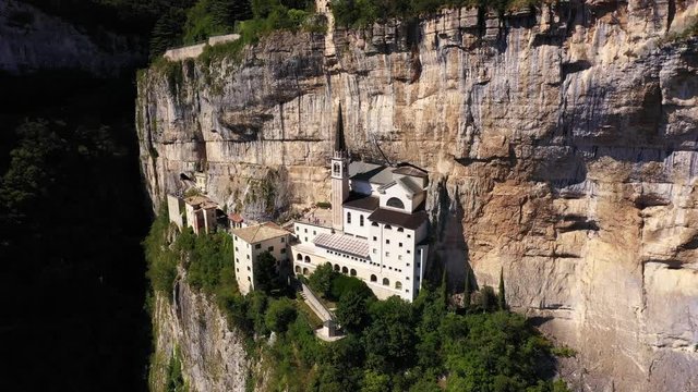 Panorama view of Madonna della Corona, Italy. Flight by a drone. Popular travel destination in Nothern Italy.	
