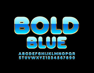 Vector Bold Blue and Gold Alphabet Letters and Numbers. Luxury shiny Font