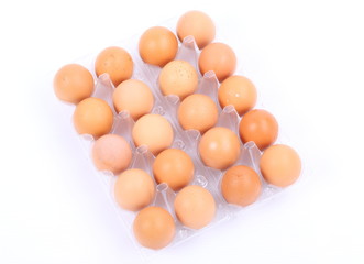 Tray of raw eggs isolated on a white background