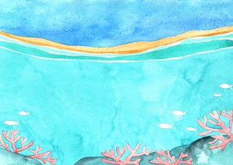 Ocean wave and coral at coastal beach watercolor hand painting background for decoration on summer season.