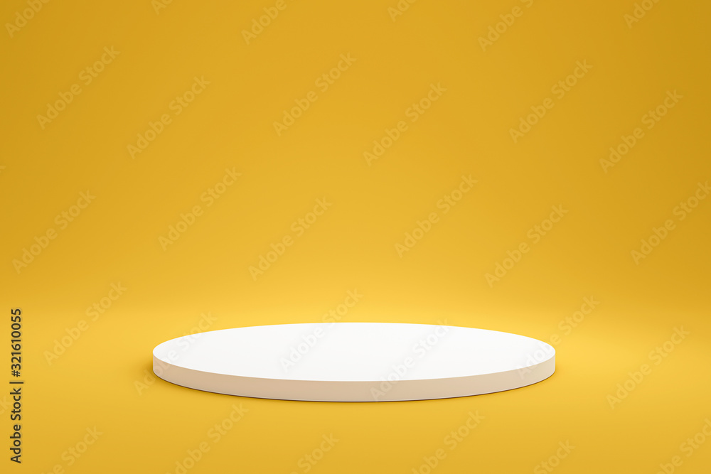 Leinwandbilder White podium shelf or empty pedestal display on vivid yellow summer background with minimal style. Blank stand for showing product. 3D rendering.