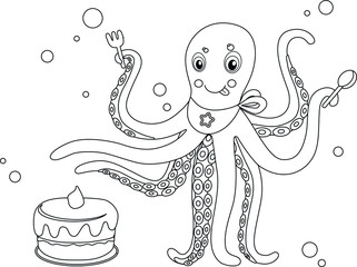 Funny cartoon baby octopus with cake. Black and white vector illustration for coloring book