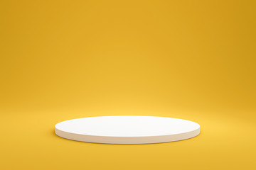 White podium shelf or empty pedestal display on vivid yellow summer background with minimal style. Blank stand for showing product. 3D rendering.