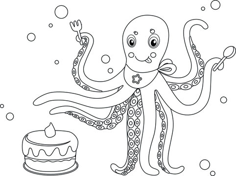 Funny cartoon baby octopus with cake. Black and white vector illustration for coloring book