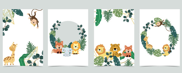 Fototapeta na wymiar Green collection of jungle frame set with leaf,leaves,leopard,lion,giraffe vector illustration for birthday invitation,postcard,logo and sticker