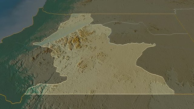 Centro Sur, province with its capital, zoomed and extruded on the relief map of Equatorial Guinea in the conformal Stereographic projection. Animation 3D