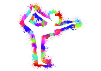 Yoga logo design. Ballerina in dance.Colorful sport background. Girl gymnast in gymnastic. Silhouettes, Exercises, Fitness, Healthcare, Medical, Icon, Symbol. Vector illustration.
