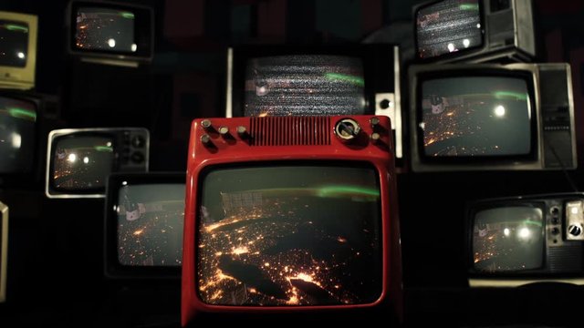City Lights at Night from Space, as Seen on Many Retro TVs. Elements of this Video Furnished by NASA.