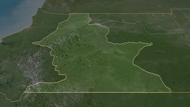 Centro Sur, province with its capital, zoomed and extruded on the satellite map of Equatorial Guinea in the conformal Stereographic projection. Animation 3D