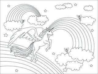Beautiful unicorn flying on clouds. Black and white vector illustration for coloring book © Irina