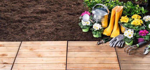 Gardening Tools Set And Flowers