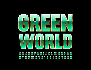 Vector chic Logo Green World. Luxury Green and Golden Alphabet Letters and Numbers. Modern Stylish Font.