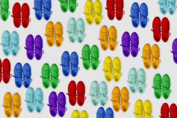Short low brigt sneakers on a gray background. Rainbow. Pattern	