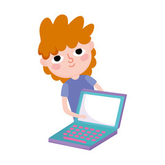 young man with laptop computer social media