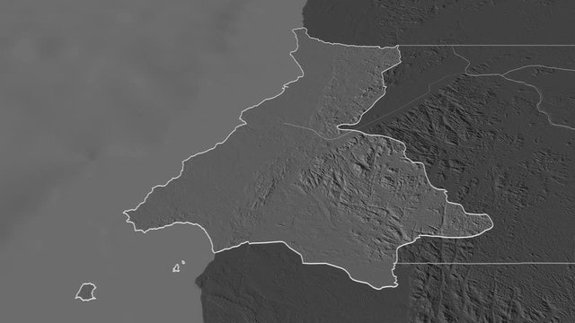 Litoral, province with its capital, zoomed and extruded on the bilevel map of Equatorial Guinea in the conformal Stereographic projection. Animation 3D