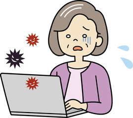 パソコンを操作するおばあさん（ウイルス感染）