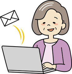 パソコンを操作するおばあさん（メール送信）