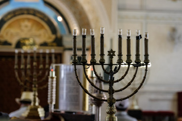 Menorah and interior decorations of Moroccan synagogue in Casablanca.  - obrazy, fototapety, plakaty