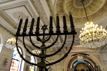 Menorah and interior decorations of Moroccan synagogue in Casablanca. 