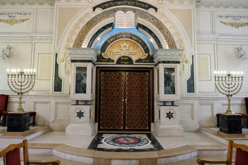 Art interior in Moroccan synagogue of Casablanca.