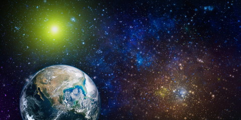 Earth planet in galaxy use for science design . Earth and galaxies in space. Science fiction art....