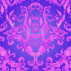 Vintage baroque floral seamless pattern in bright neon colors. 1980s style. Ornate vector decoration. Luxury, royal and Victorian concept. Vintage design with repetition. Heraldic floral texture.