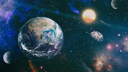 Earth planet in galaxy use for science design . Earth and galaxies in space. Science fiction art. Elements of this image furnished by NASA.