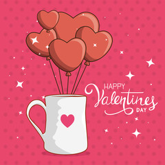 happy valentines day card with mug and balloons helium vector illustration design